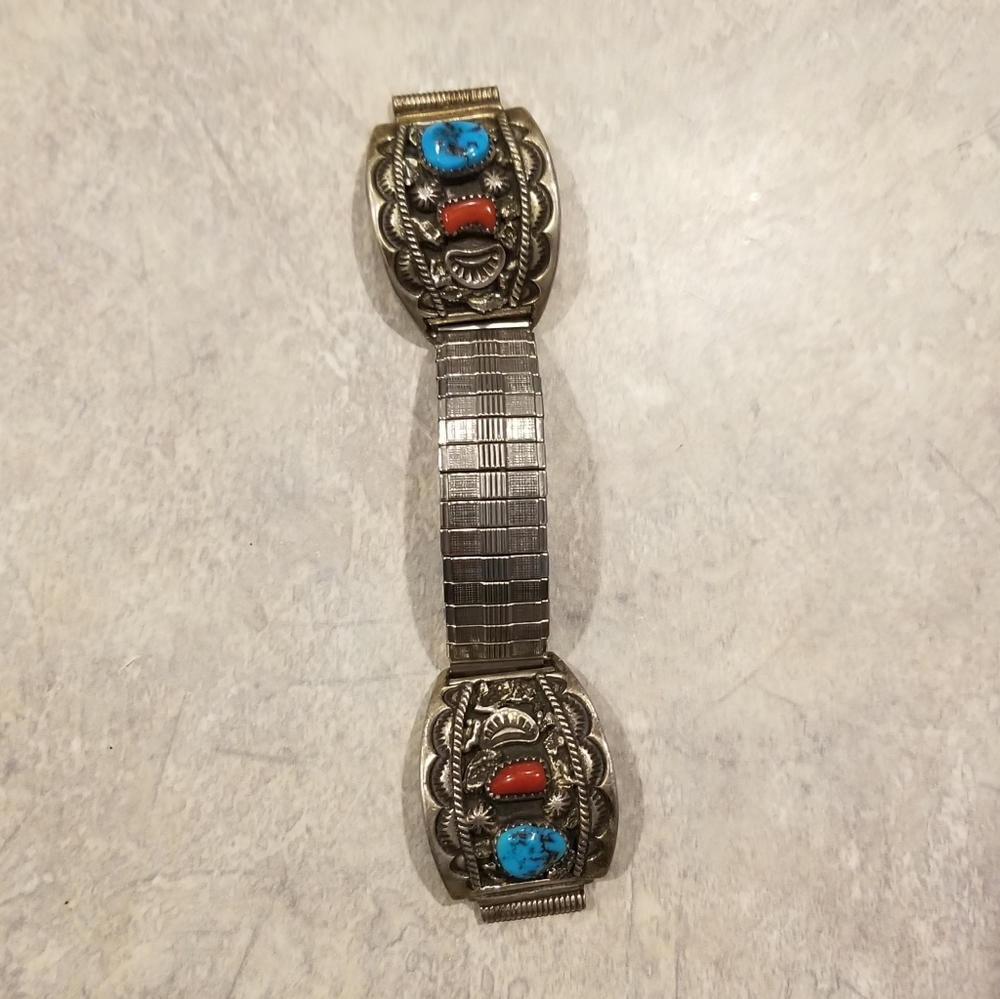 Sterling, Turquoise & Coral Mens Watchband